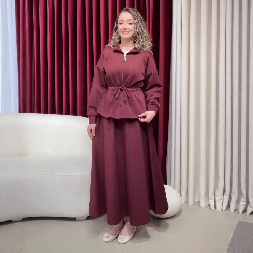 2025 Summer New Turn Down Collar Zipper Drawstring Waist Top Skirt Set Women Multiple Colors Available