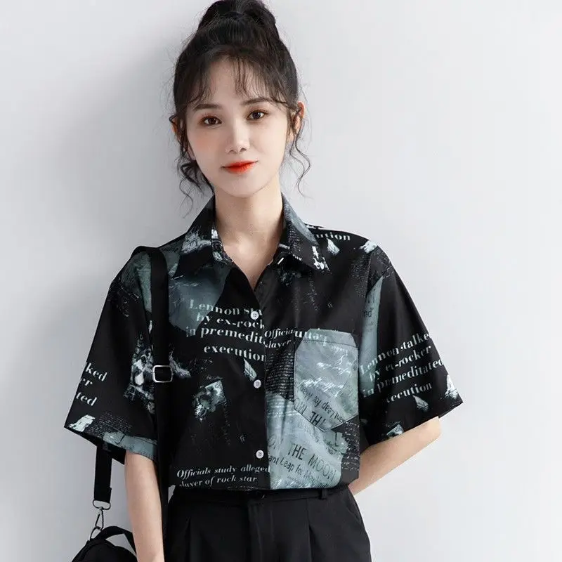 Summer Woman Clothes Retro Hong Kong Style Shirt Short Sleeve Top Ins Trend Color Collision Printing Loose Casual Artsy Fashion