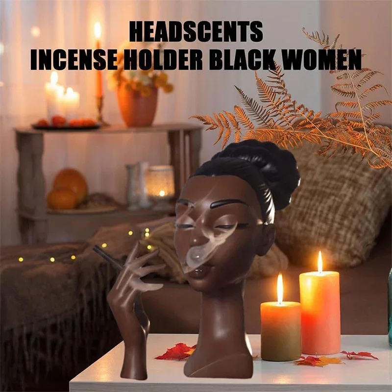 Headscents-Head Black Woman Aroma Burner Holder Black Women Face Head Scents Incense Burner Home Decor Resin Desktop Ornament