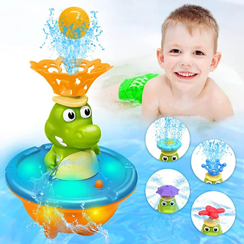 Fountain Crocodile Baby Bath Toys for Toddlers Spray Water Sprinkler Light Up Electric Automatic Floating Rotating Bathtub Toy