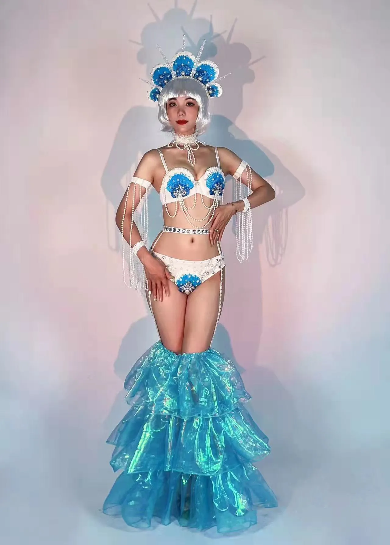 

Sexy Performance Party Mermaid Cosplay Costume Pearl Shell Bikini Headgear Leg Cover Rave Outfit Leading Dancer Show Stage Wear