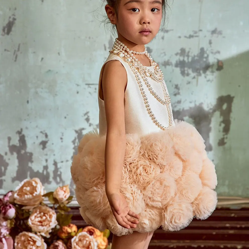 Dreamy Vow Adorable Champagne Girl Dress Sleeveless Tulle Ruffled for Kids Celebration Spring Summer Knee Length Ball Gown J105