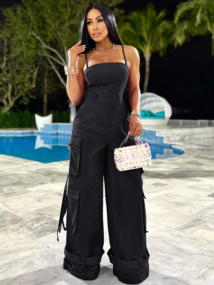 Sexy Spaghetti Strap Cargo Jumpsuit Women Summer Sleeveless Strapless Wide Leg Pants with Pockets One Pieces Romper Overall