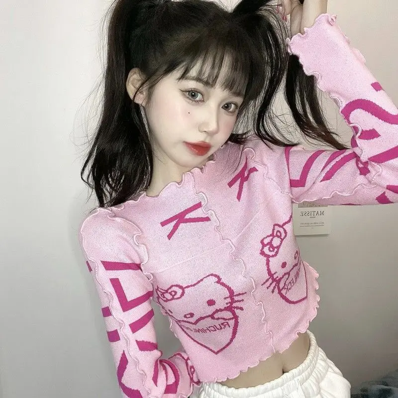 Hellokitty Y2K Hot Girl Short Sweater Kawaii Sanrio Autumn Winter Outdoor Anime Cartoon Embroidery Midriff-Baring Cute Girl Top