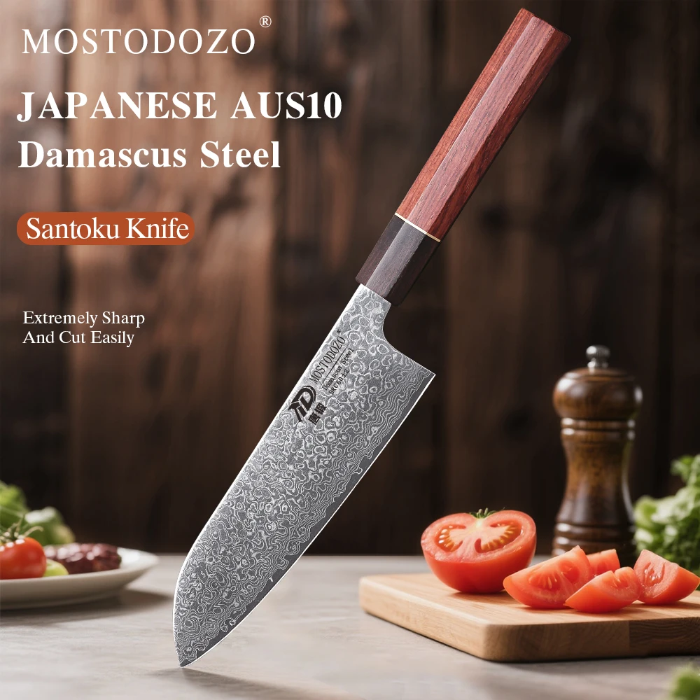 Cuchillo Santoku Profesional MOSTODOZO de 7 Pulgadas, Hecho a Mano en Japón, con 67 Capas de Acero de Damasco, para Cocina, Rebanar y Uso General