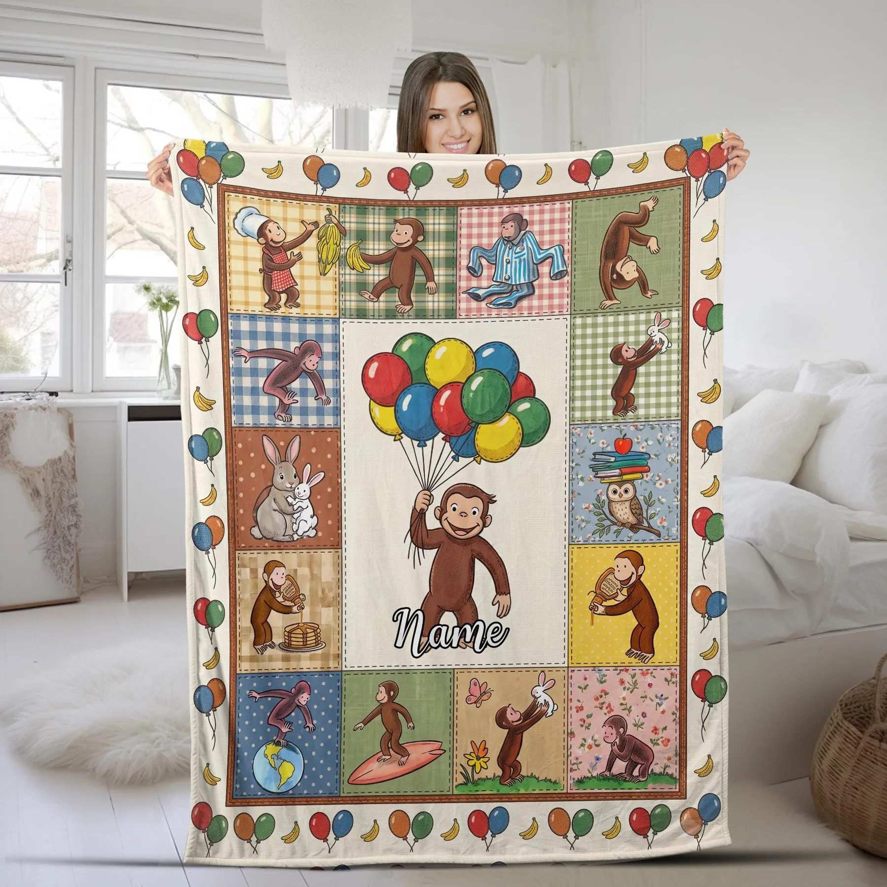 Custom Name Monkey Pattern Throw Blanket, Custom Kids Character Blanket, Birthday Gift for Boys Girls, Nursery Decor