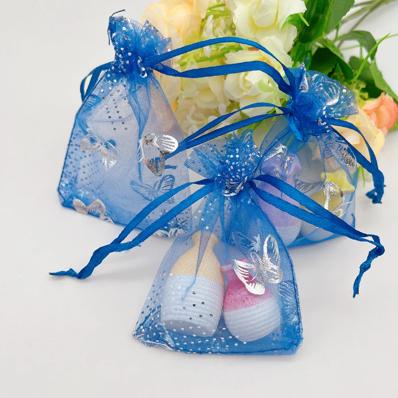 Butterfly Organza Gift Bags, Drawstring Pouch, Wedding Packaging, Jewelry Storage Bags, Blue Butterfly Sachet, 100Pcs