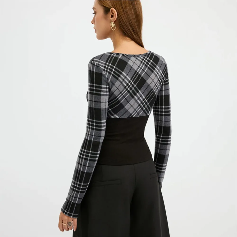 Plaid Patchwork Slim Fit Gestricktes Langarmshirt Top V-Link Low Cut Trendy All-Match Einfacher Stil Pendeln Lässige Blusas