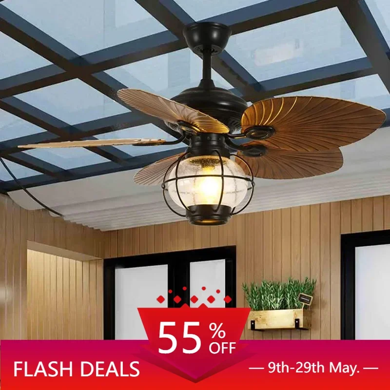 

42/52 Inch Ceiling Fan LightAmerican Retro Fan Light DC Remote Control Dining Room Living Room Bedroom mute Ceiling Light