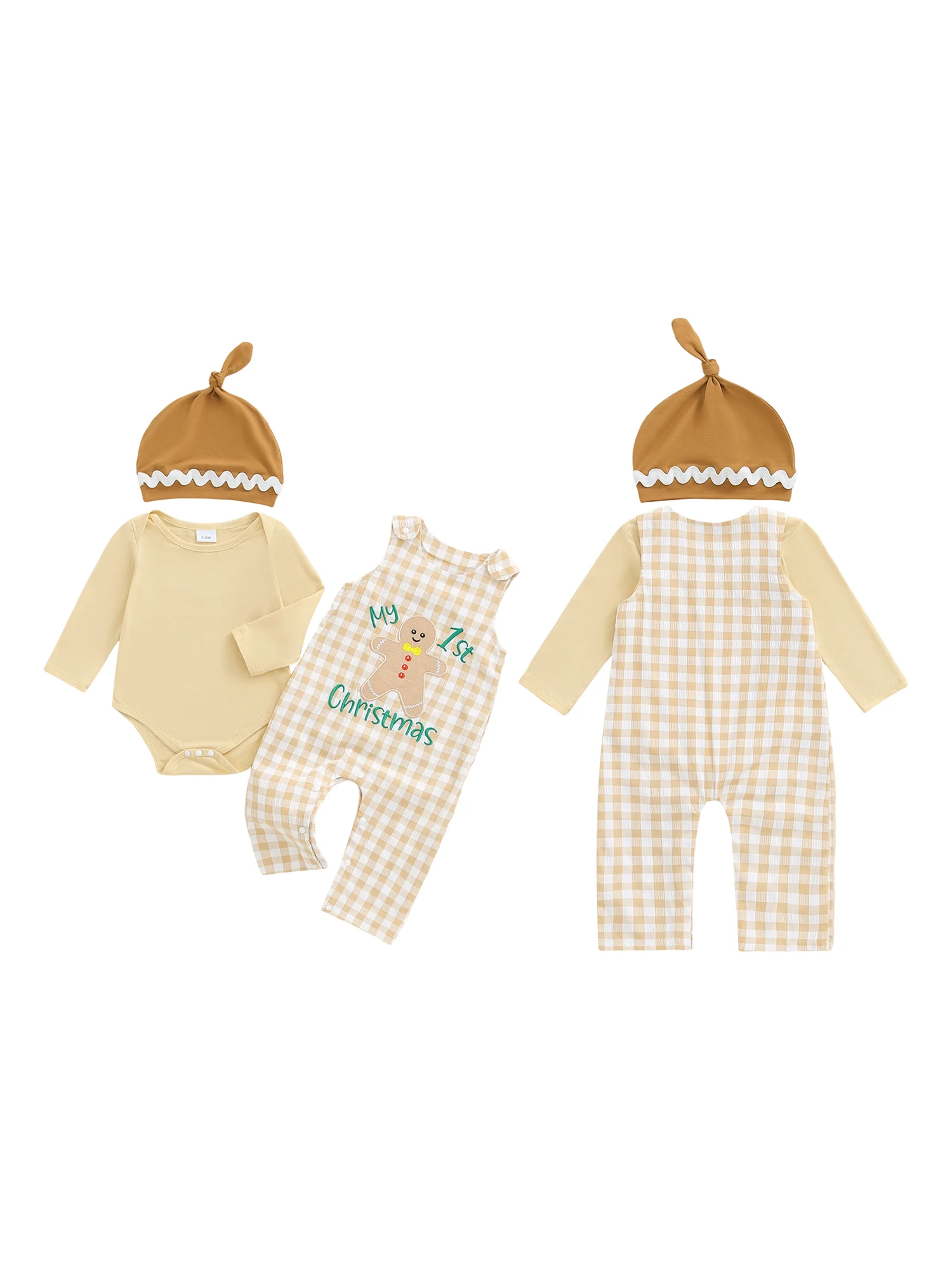 

Infant Christmas Set with Reindeer Applique Romper Plaid Overalls and Santa Hat - Holiday Baby Boy Outfit for Newborns