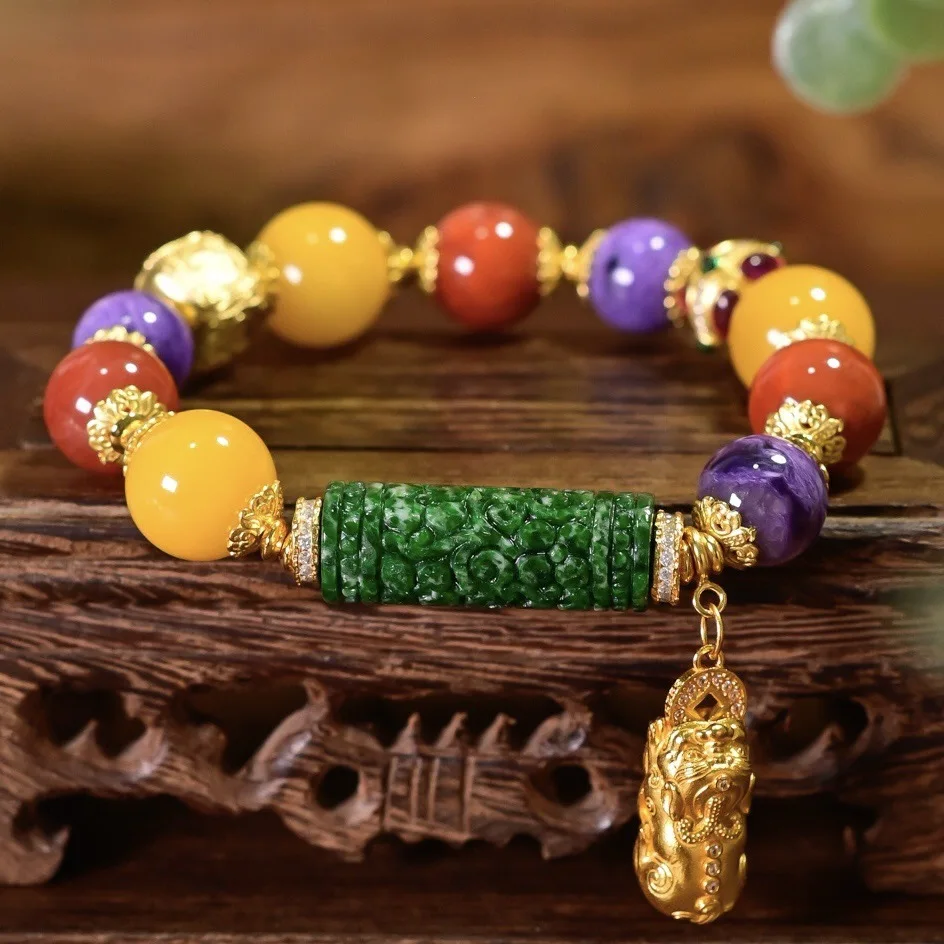 

Браслет из натурального драгоценного камня, сухой зеленый резной нефритовый янтарь Nanhong Charoite 925, позолоченный Pi Xiu, счастливый ювелирный подарок