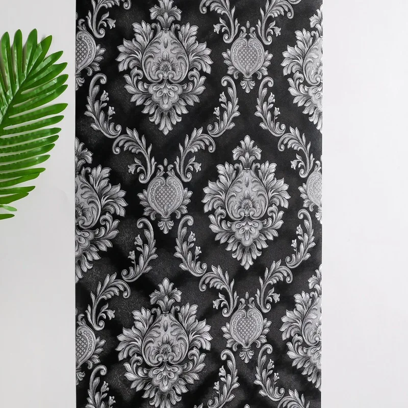 Pure Black Gold 3D European-style Large Flower Wallpaper Bedroom Living Room Background Wall Luxury KTV Bar Embossed Wallpaper