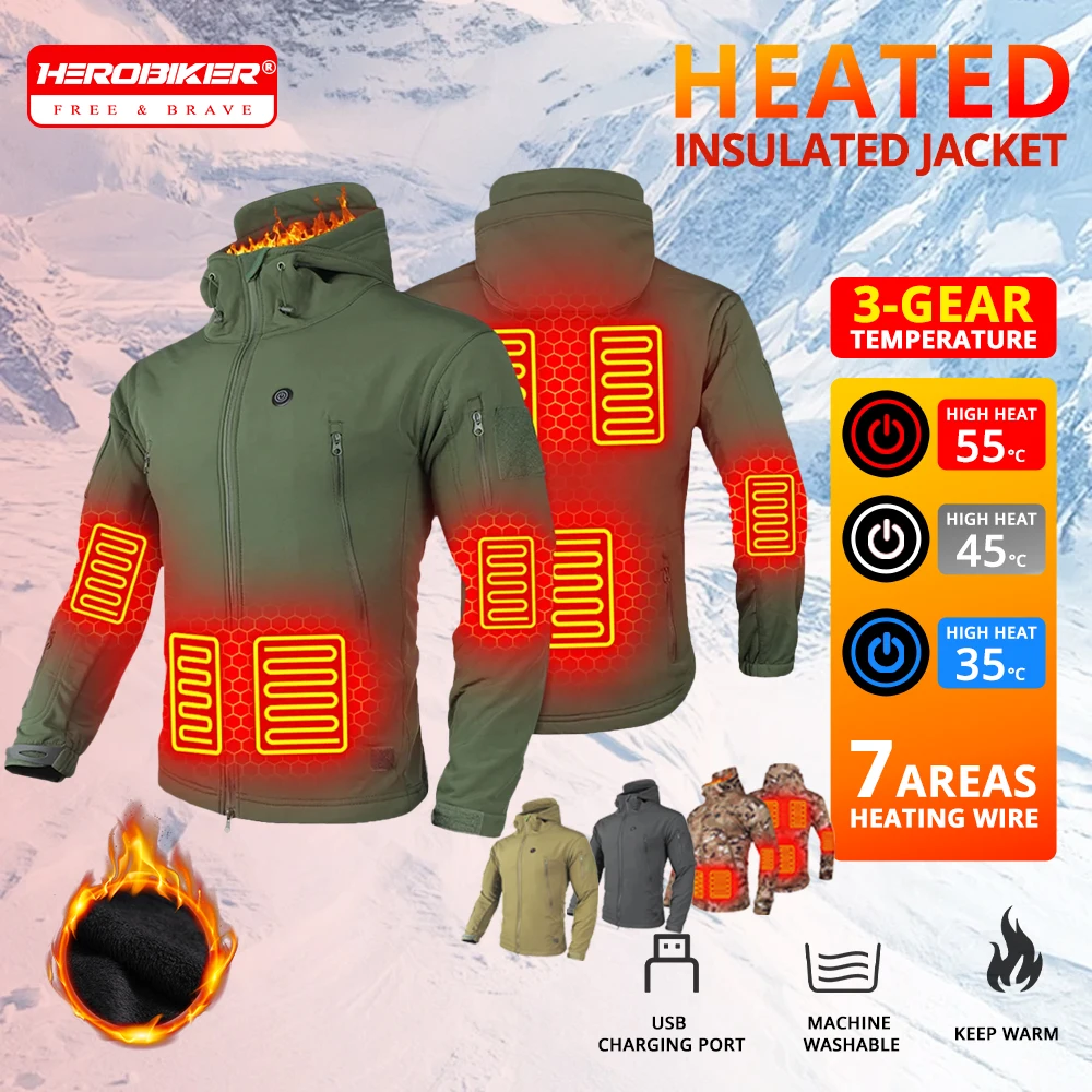 Men Heated Jacket Women Winter Autumn Jacket Hooded Windbreaker Tactical Hunting Hiking Camping Winter Warm Fishing Ski Clothing