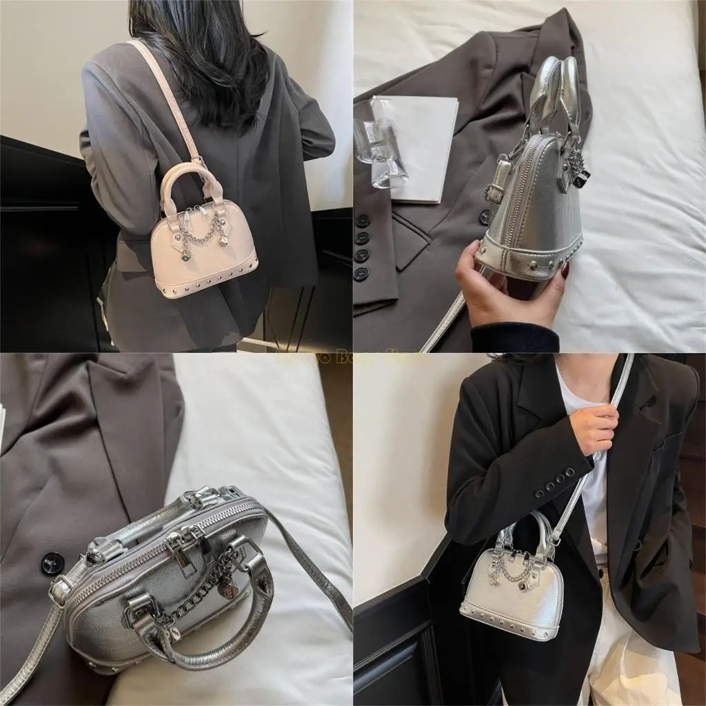 

X90D Stylish Glossy PU Shell Handbags For Women Luxury Rivet Shoulder Bag