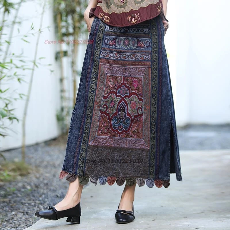 2025 ethnic harajuku flower embroidery denim skirt chinese retro folk a-line skirt vintage retro elastic waist midi denim skirt