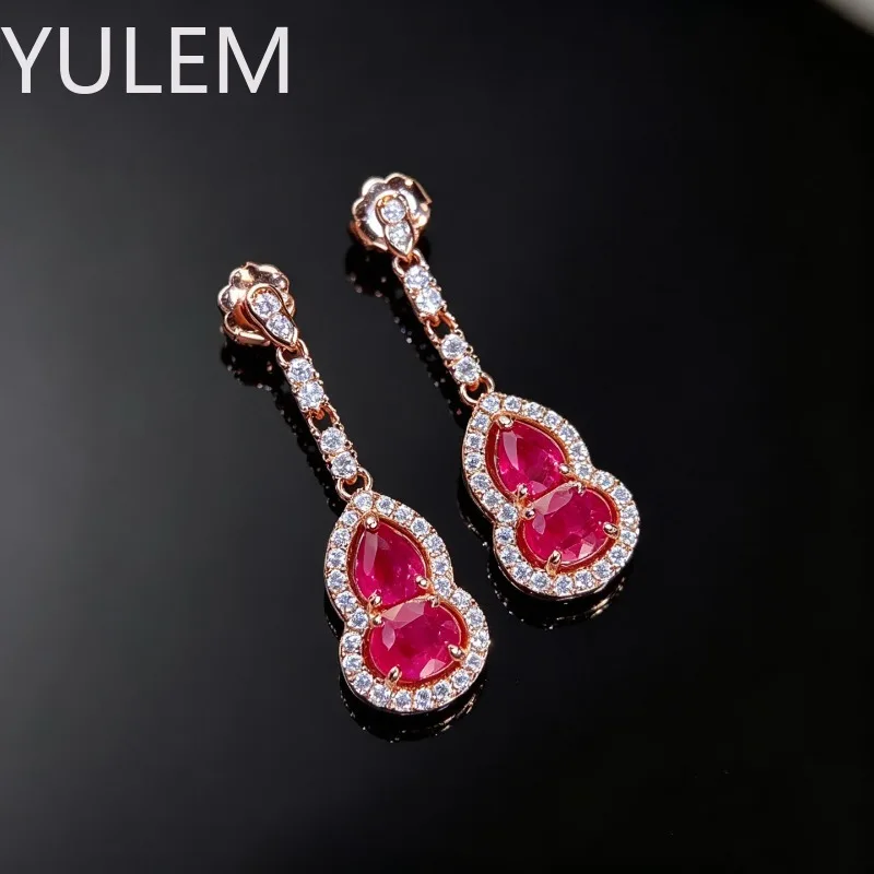 YULEM Retro 100% 925 Real Silver Natural Ruby Gourd Earrings for Women Gemstone Wedding Fine Jewelry Gift Accessories