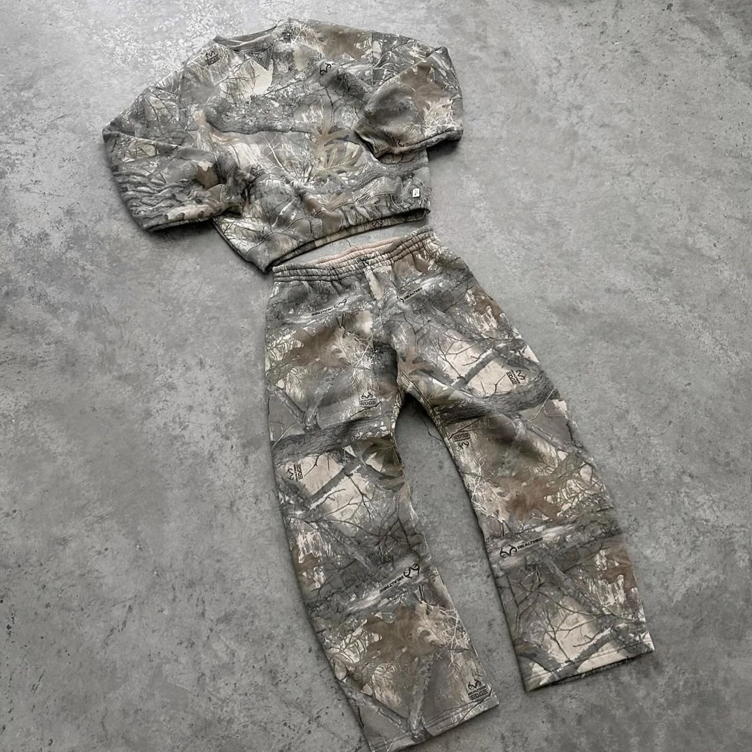 Ensemble deux pièces de Camouflage, Streetwear, européen et américain, Harajuku, sweat à capuche avec fermeture éclair, pull Y2K, pantalon de survêtement ample, pantalon décontracté à jambes larges