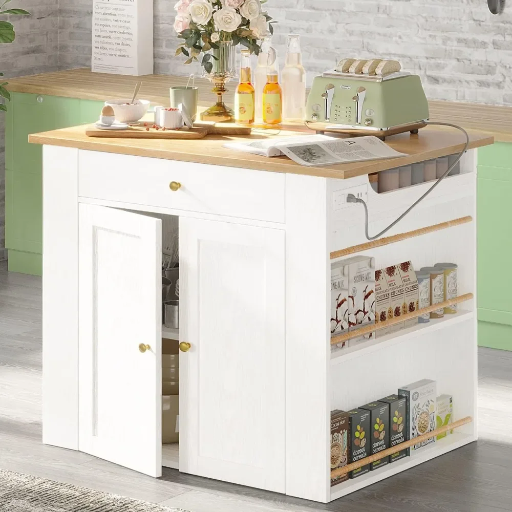 Kitchen island with storage space, large and orderly storage space with power board, 2 cabinets and 2 open shelves