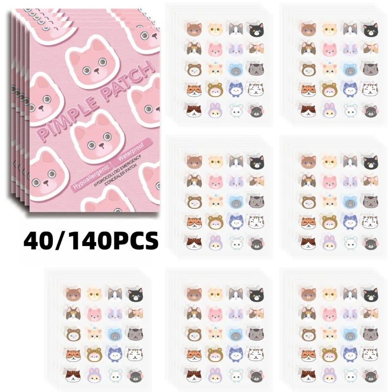 40/140 PCS Patchs Hydrocolloïdes Anti-Acné Chat Mignon, Patchs Cachants et Respirants pour les Imperfections du Visage, Imperméables et Discrets