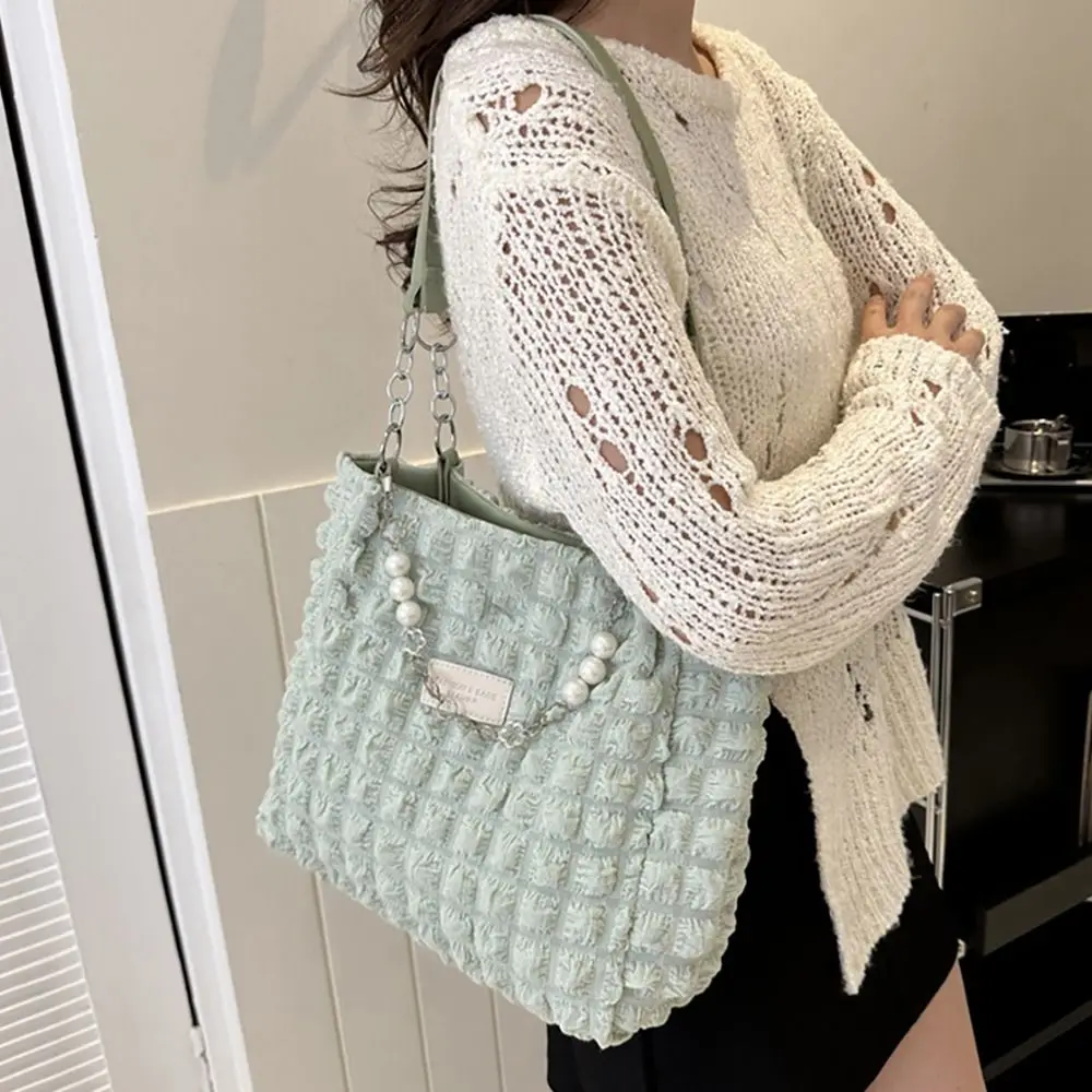 Large Capacity Ladies Tote Bag Fashion Plaid Women\'s Beaded Chain Shoulder Bags Soft Fabric Commuter Female Handbags Purse