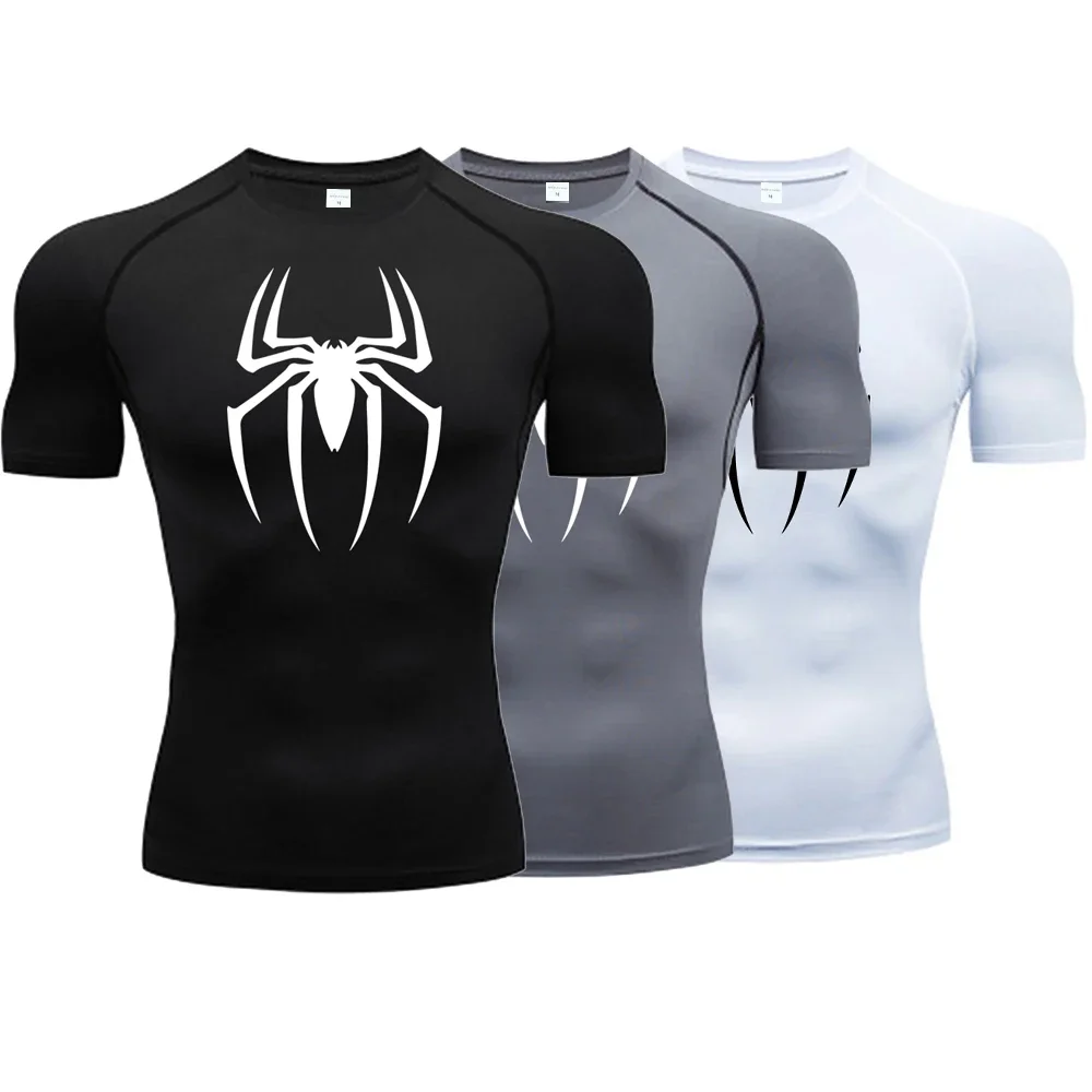 Men's Spider Print Compression Shirt, Quick Dry T-Shirt, Gym Running Jersey, Breathable Short Sleeve, Spring, Summer, M-3XL