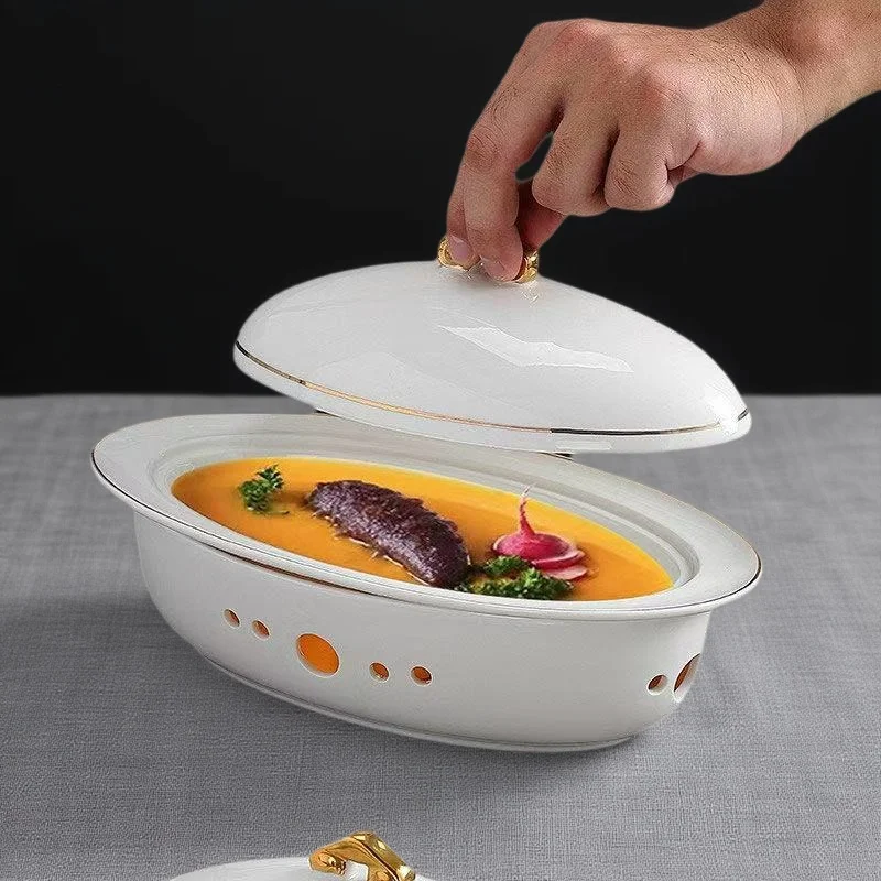 White Ceramic Steak and Western Tableware High-grade Double-layer Heat-insulating Shallow Tray Creative Heating Flat Plate