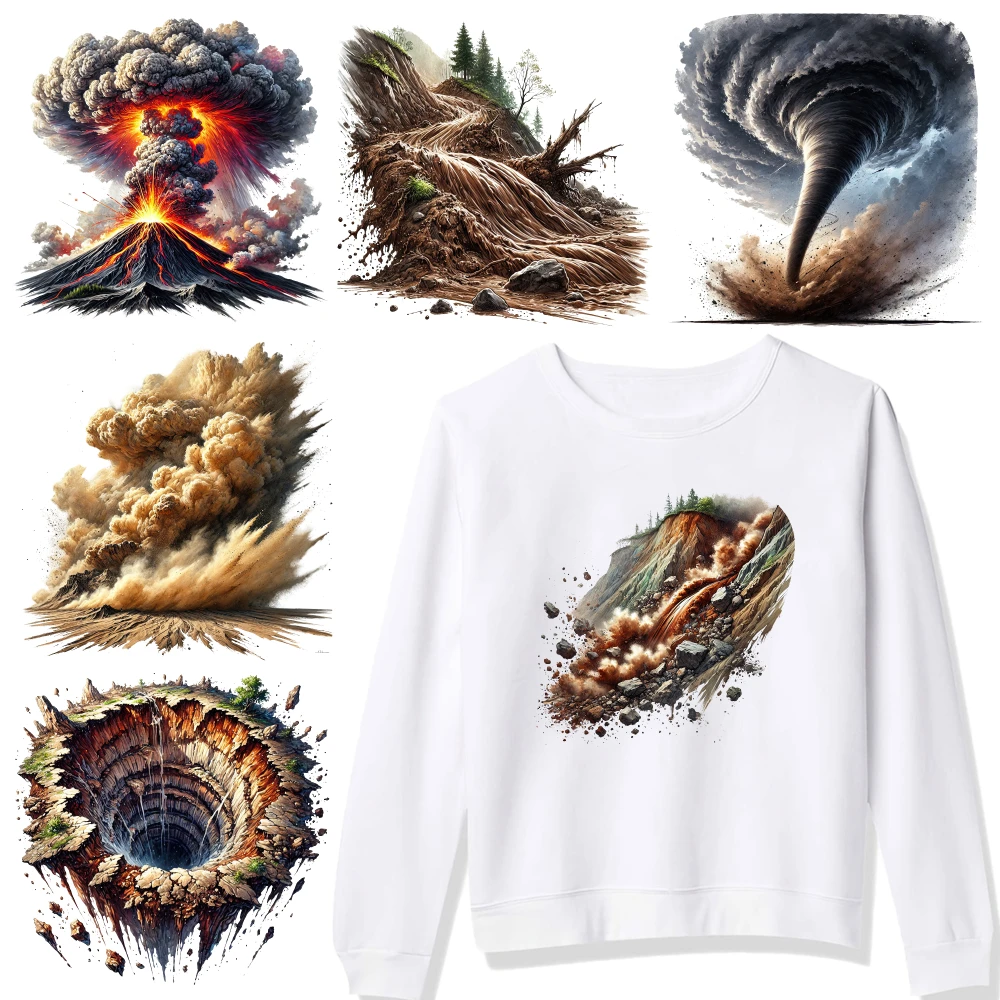 6 Pcs Volcano Earthquake Tornado Dust Crater Iron on Transfers for Clothing T-Shirt Jeans Applications Iron On Transfer Patches