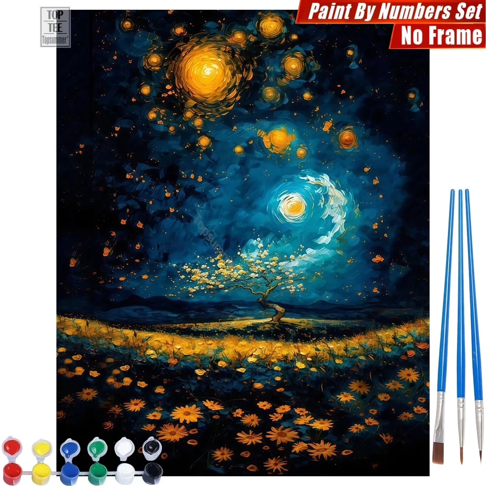

Night Sky Blooming Tree Painting By Numbers Kit - Tree Stars Flowers Abstract Wall Art Easter Gift For Colleague