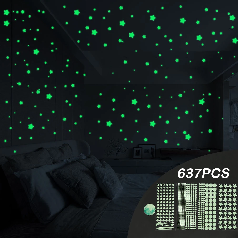 637pcs Glow In The Dark Stars Stickers Luminous Moon Wall Decals Fluorescent Star Ceiling Sticker For Bedroom Nursery Wall Decor