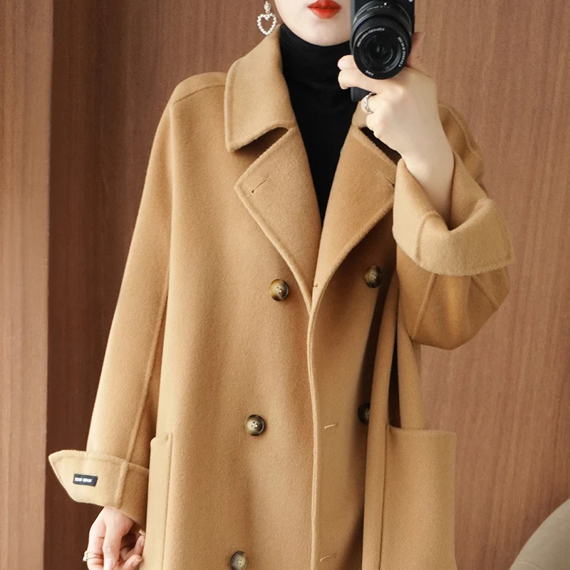 Autumn And Winter New 100% Wool Coat Women\'s Double-Sided Woolen Coat Medium Long Thick Double Breasted Windbreaker