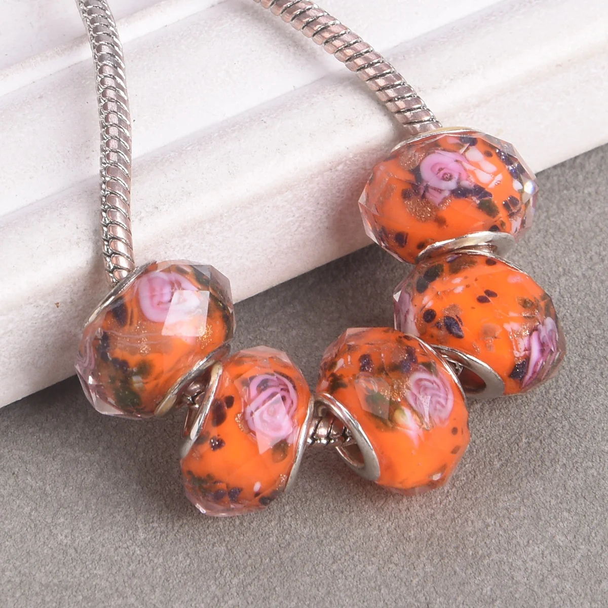 5pcs 15mm Orange Rondelle Faceted Handmade Lampwork Glass Loose Big Hole Beads For Jewelry Making DIY European Charms Bracelet