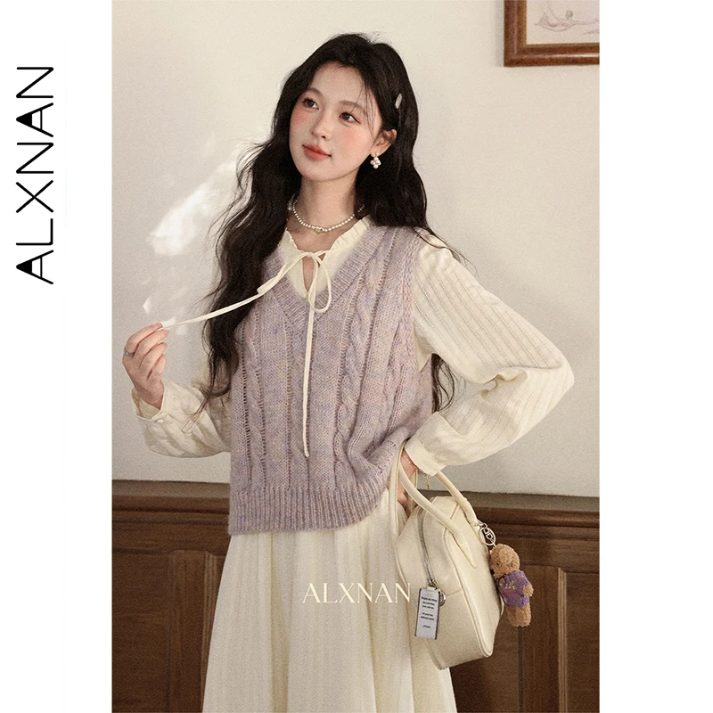 

ALXNAN фиолетовый жилет, шерстяной вязаный свитер, женский элегантный топ без рукавов с v-образным вырезом, лето 2025 г., свободная повседневная женская одежда L57201