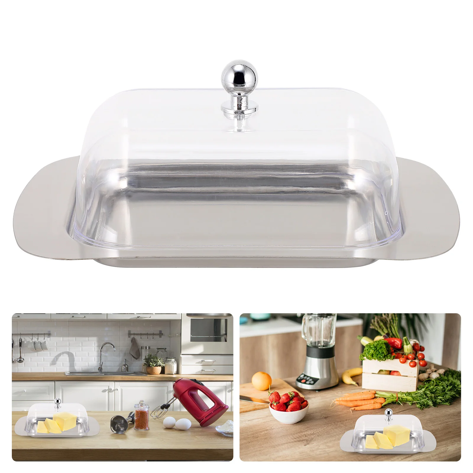 

1Pcs Bread Butter Box Stainless Steel Food Plate Clear Cover Butter Keeper Kitchen Supplies Multi-Functional