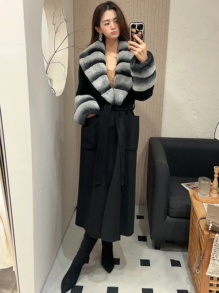 Winter Real Fur Jacket Women Long Cashmere Wool Woolen Coat Ladies Natural Rex Rabbit Fur Collar  Luxury Thick Female Outerwear