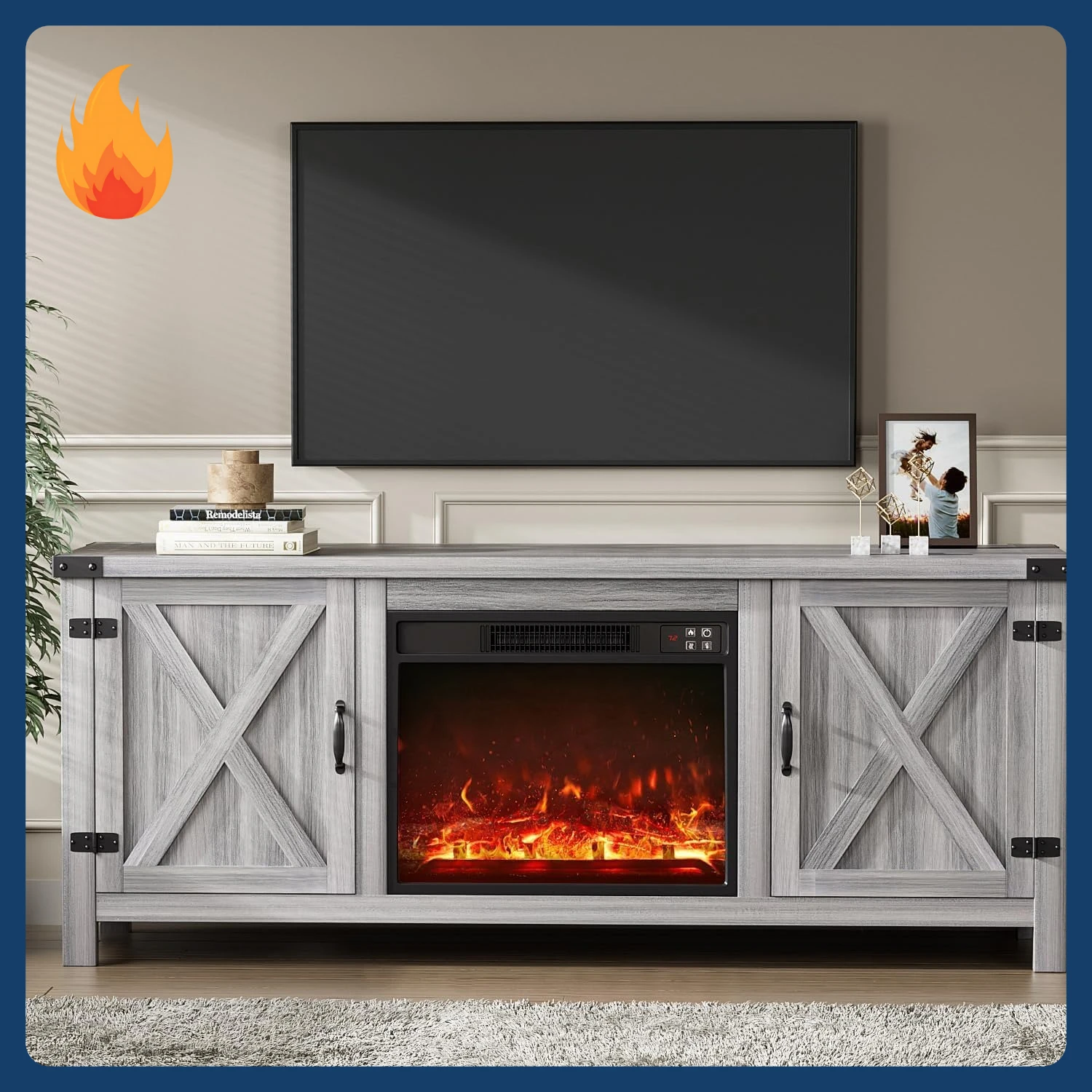 [¡Precio con descuento! ]Soporte para TV para chimenea con dos puertas de granero y gabinetes de almacenamiento para televisores de hasta 65+ pulgadas, entretenimiento Cen