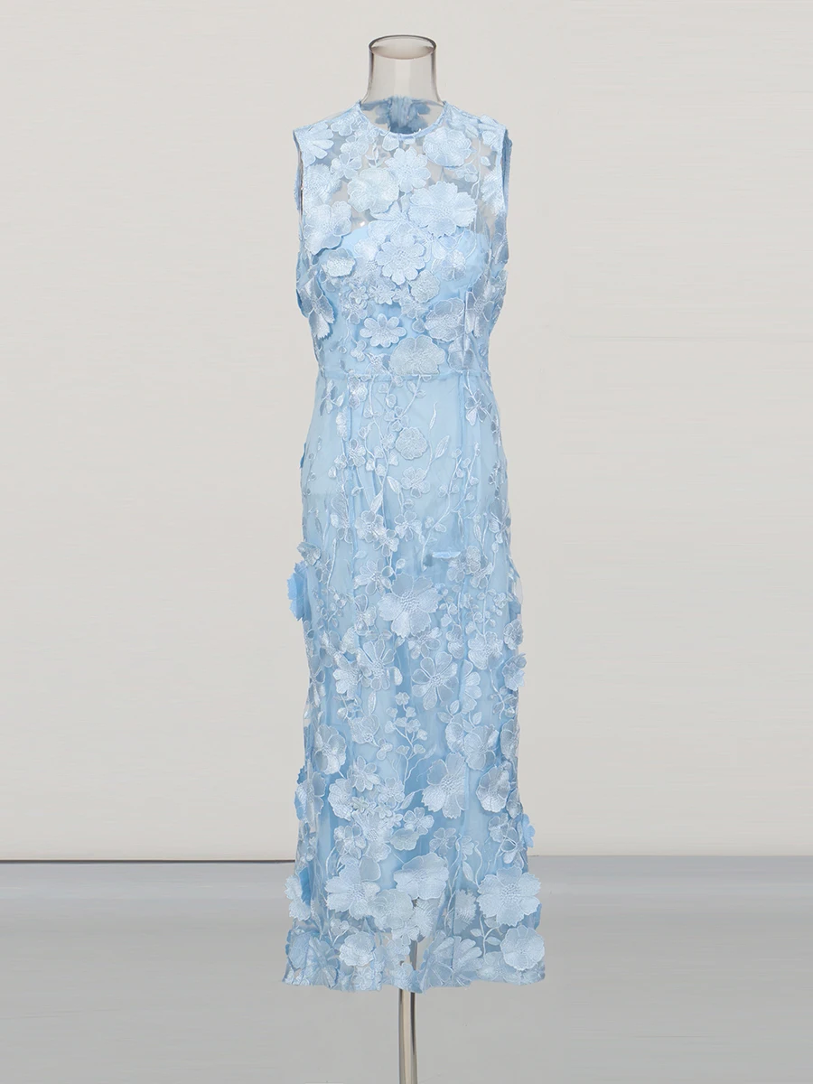 CHICEVER Solido Elegante Impiombato Appliques Abiti per Le Donne Girocollo Senza Maniche A Vita Alta Sheer Temperamento Abito Femminile Nuovo