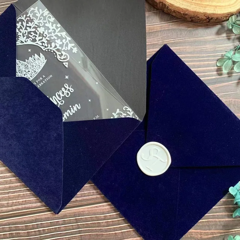 Square and Rectangle Deep Navy Blue Velvet Envelope, Wedding Invitation Cards, 5x7 Inch, 6x6 Inch, 10Pcs