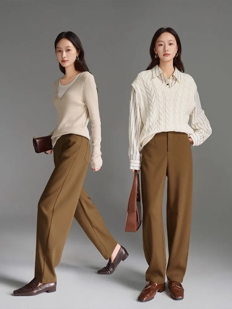 OLrain Women's Casual Scimitar Trousers 2025 Autumn Loose Fit Elastic Waist Solid Color Commute Daily Wear Pants O57QK000518