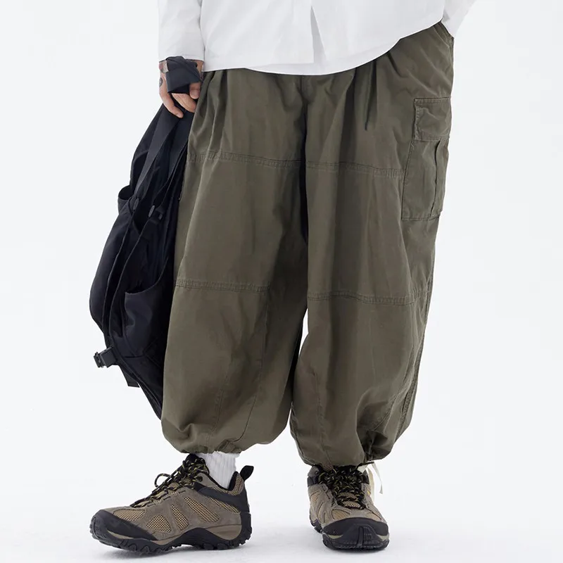 Retro Cargo Pants Men Women Japanese High Street Baggy Harem Trousers Hip Hop Solid Color Drawstring Streetwear Oversize Unisex