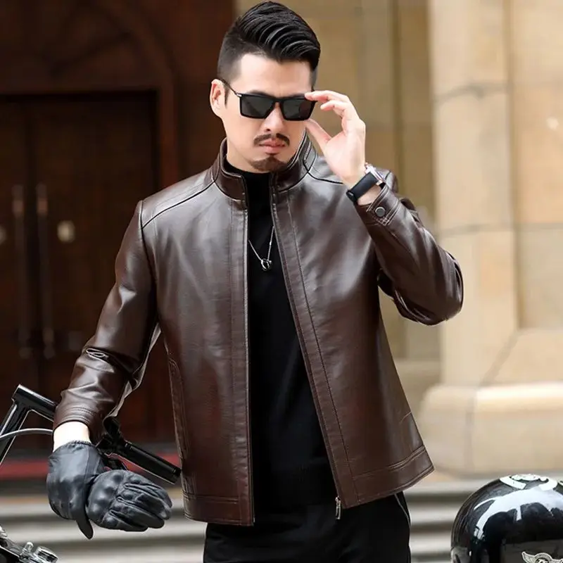

Casual Men's PU Leather Jaet Middle-aged Spring Long Coat Youthful Vitali Sle Fake Leather Biker Jaet for Men