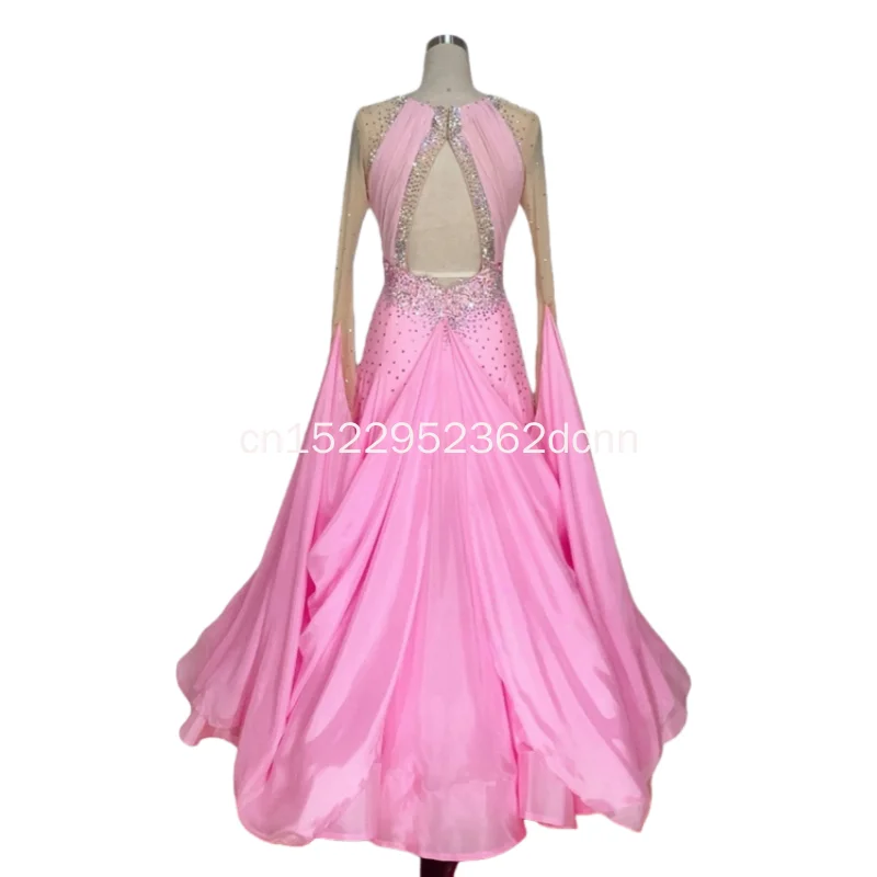 Adult High-necked Long Sleeve Dance Dress Pink & Skin Two-color Splicing AB Stones Detail for Social Competitions Customizable