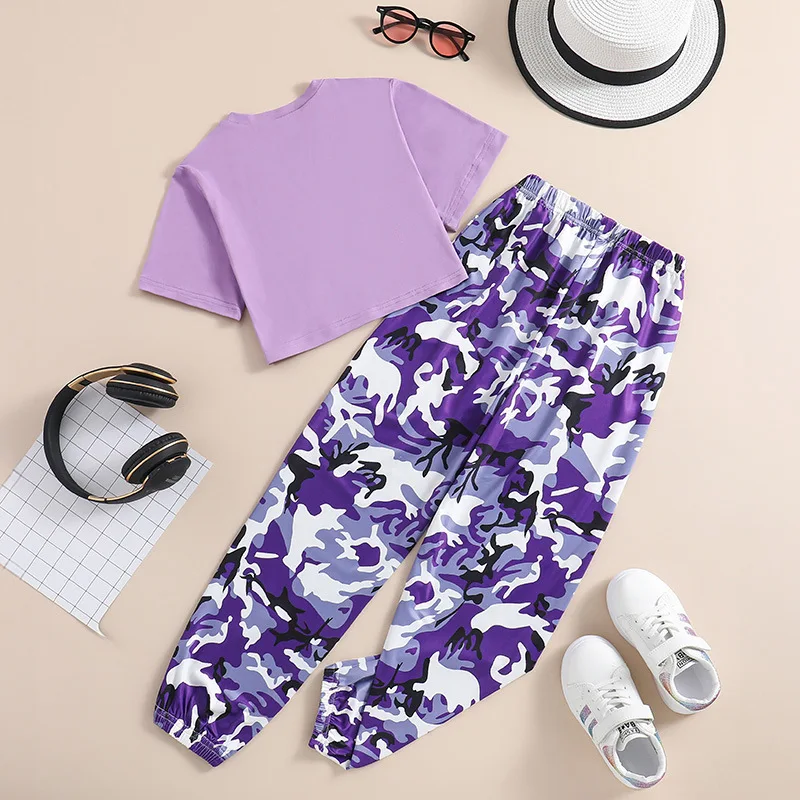 2024 New Child Clothes Sets Short Sleeve O Neck Letter Striped Purple Trousers 2 Piece Sets Designer Girls Clothes Set 8-12T