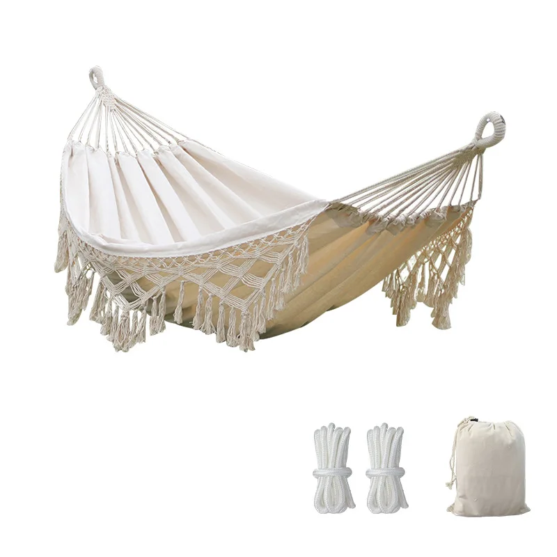 Hammock Outdoor swing Double thickened canvas Handmade tassel Outdoor canvas Anti-rollover shaker Tassel hammock