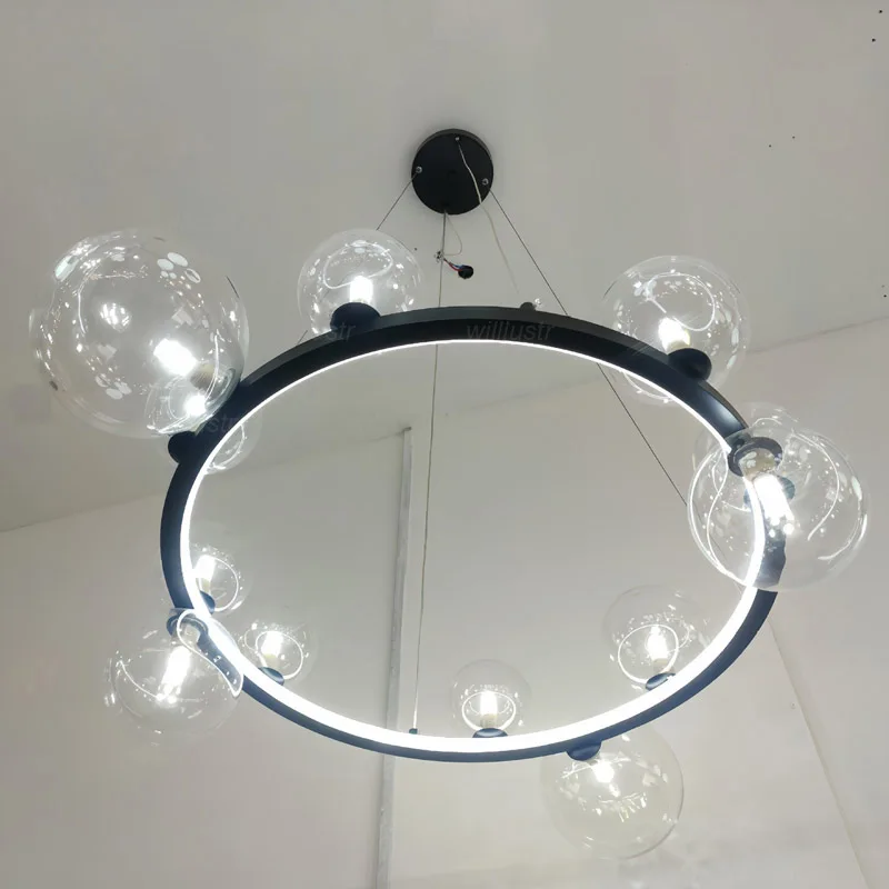 Modern Aluminum Ring Pendant Lamp Glass Bubble Ball Suspension Light Hotel Hall Living Dining Bedroom Hanging Ceiling Chandelier
