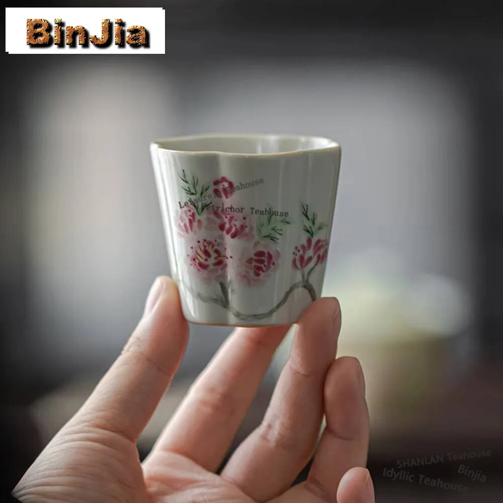 60ml Overglazed Color Hand-painted Crabapple Tea Cup Household Flower Mouth Master Cup Vintage Tea Bowl Fragrance Cup Tea Crafts