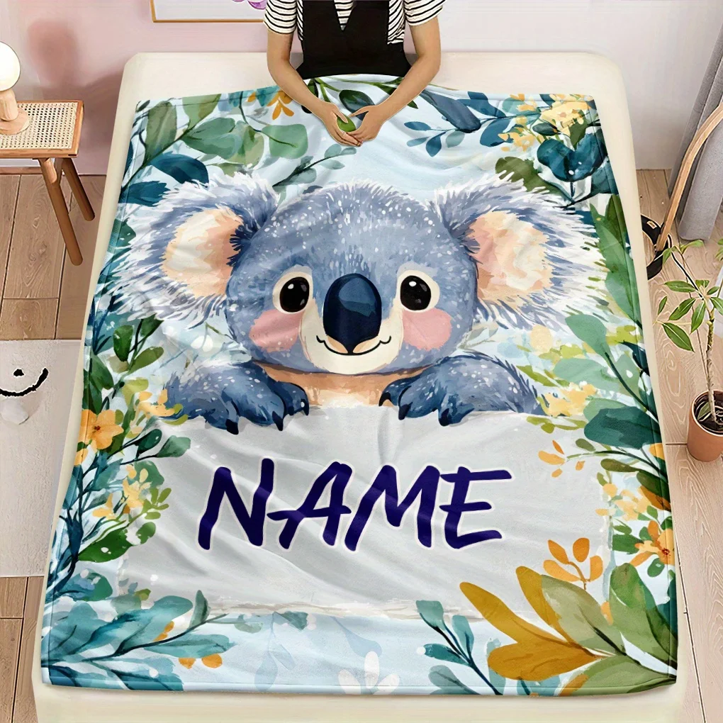 Personalized customized text Happy Koala flannel blanket, suitable for sofas, beds, travel camping, living rooms, all season