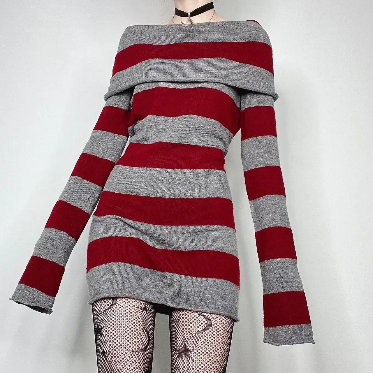 Y2K Fashion Striped Sweater Bodycon Mini Dress Mall Goth Grunge Chic Women Off Shoulder Full Sleeve Slim Fit Dresses