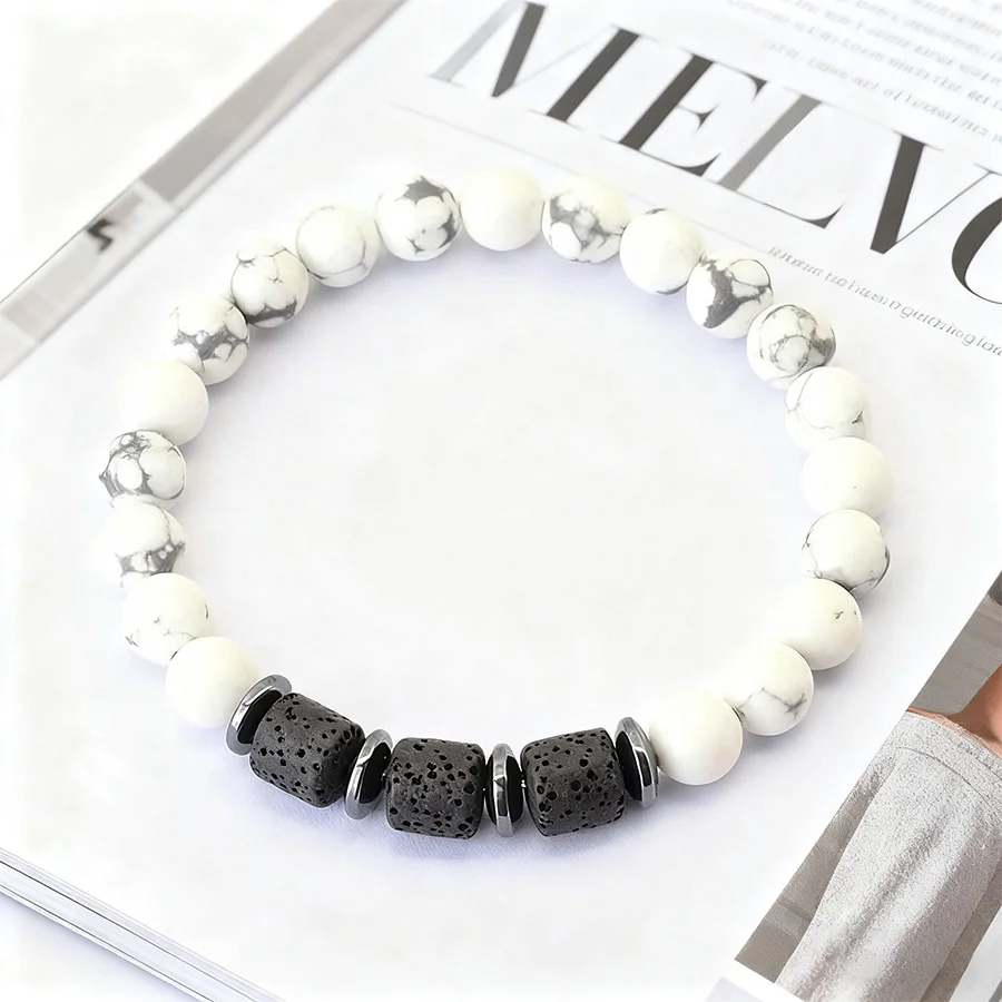 Weißes Howlith-Lavastein-Armband für Männer, natürlicher Edelstein, Energieheilung, Schmuck, handgefertigt, elastische Perlen, minimalistisches Chakra-Geschenk