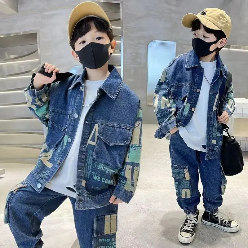 Boys\' Sets Denim Jacket Jeans Two-piece Suits Spring Autumn Contrasting Colors Letter Street Fashion Children\'s Clothing Suits