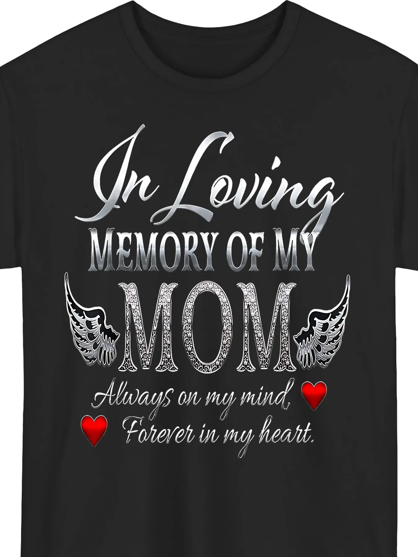Remembering Mom T-shirt - Always in My Heart - Retro Commemorative T-shirt with Angel Wings and Heart-shaped Design